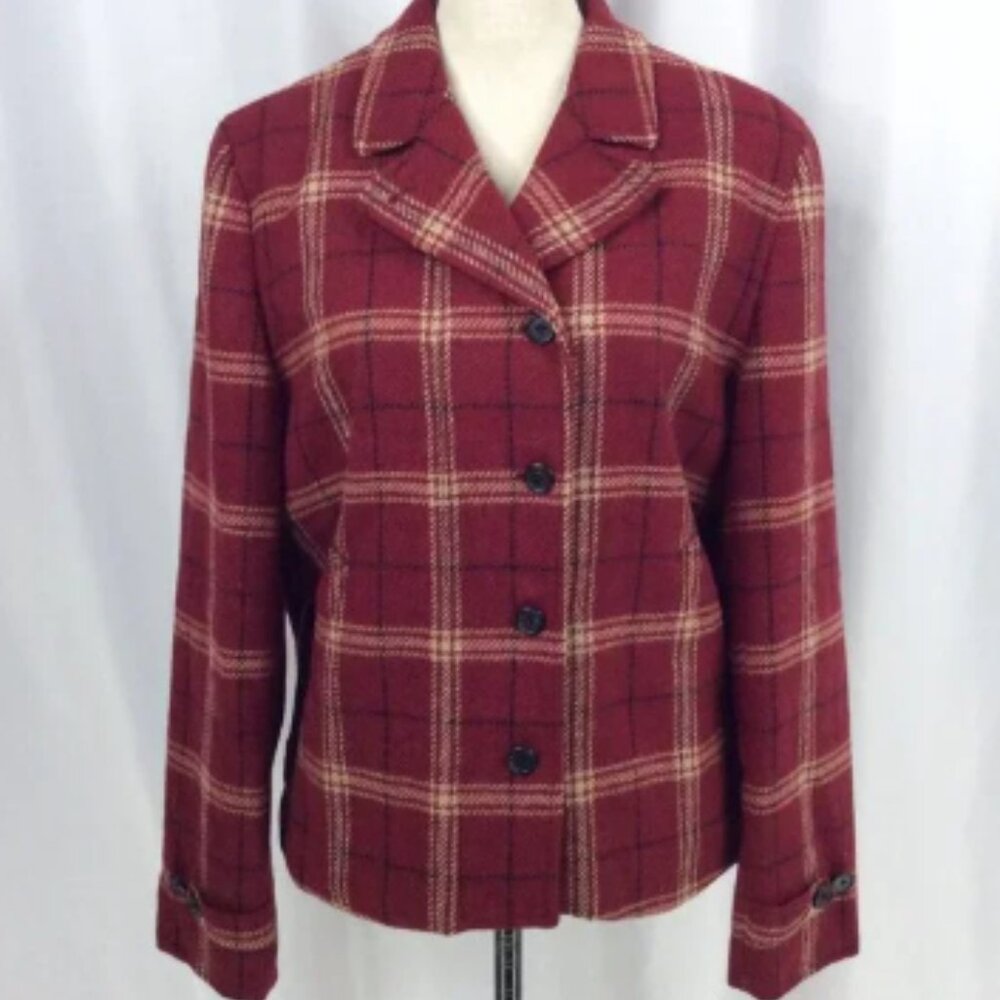 VTG Lauren Ralph Lauren Plaid Wool Blazer Jacket Womens 14 Red Beige Zip Button